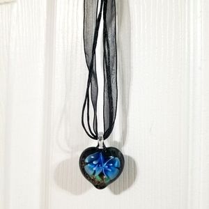 3D blue flower heart shaped glass pendant w/chain